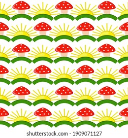 Children's seamless  pattern.Garland with yellow sun and red fly agaric.Backgrounds and textures,wallpaper,poster,cover,wrapper.