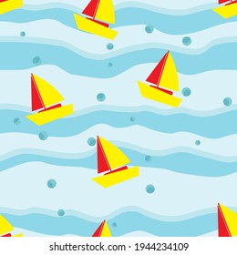 Children's seamless print with cartoon yellow-red boats on the sea waves. Vector