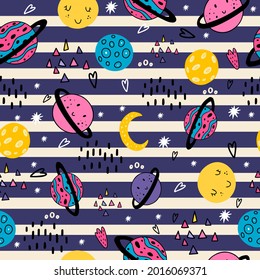 Children's seamless space pattern with planets, the moon, Saturn, hearts. Design of fabrics, women's and children's clothing, wallpaper with a space planets. 