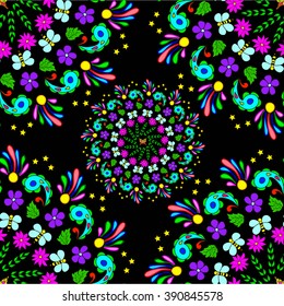 Children's seamless summer pattern mandala with flowers, leaves and bees on black background, can be used for wallpaper, pattern fills, web page background,surface textures.