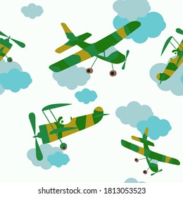 Childrens seamless vector illustration with airplanes and clouds on a white background. For decorating textiles, packaging and wallpaper.