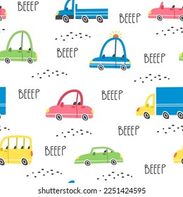 Children's seamless vector pattern with cars. Multicolored different cars. Lettering the Wroom and Beep
