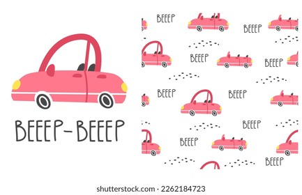 Children's seamless vector pattern with cars. Cute pink cars, convertible. Lettering Beep-beep. Print and pattern for printing on children's products 