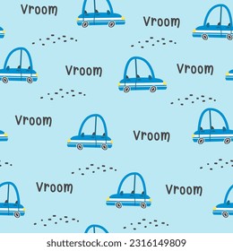 Children's seamless vector pattern with cars. Cute blue cars. Lettering Vroom
