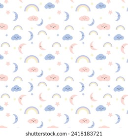 children's seamless vector pattern, clouds, moon, stars for children
