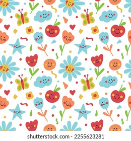Children's seamless vector pattern with flowers-emoticons, apples, stars in a flat style on a white background, A cheerful children's ornament with smiling stars, apples and flowers for fabric 