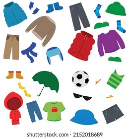 Children's seasonal clothes. Clothing season winter and spring Cartoon children's seasonal winter, spring, summer, autumn clothing.T-shirts, pants, jackets, shoes