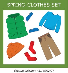 Children's seasonal clothes. Season of clothing for spring. Cartoon children's seasonal  spring clothes.