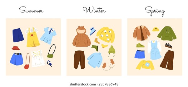 Childrens seasonal outfits set. Wear and apparel for kids for summer, winter and spring. Fashion and trend. Aesthetics and elegance. Cartoon flat vector collection isolated on white background