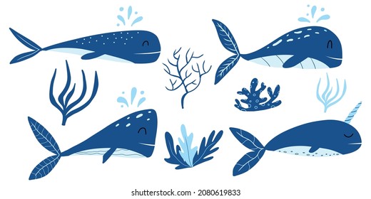 Childrens set of blue whales. Lovely whales and grown ups. Marine set.