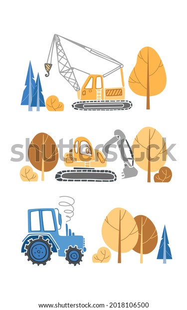 Childrens set of construction equipment.\
Cartoon illustration for boys in a scandinavian style. Transport\
machine excavator, tractor crane, trees. For posters, cards, books,\
design elements.