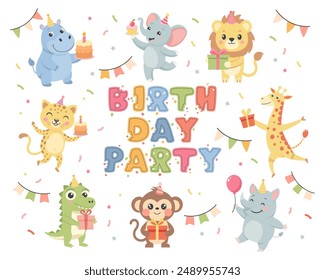 Childrens set with cute animals. Happy birthday party, baby animals in party hats, cakes, gift boxes, balloons. Illustrations for birthday cards, stickers