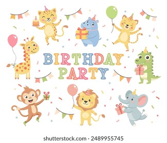 Childrens set with cute animals. Happy birthday party, baby animals in party hats, cakes, gift boxes, balloons. Illustrations for birthday cards, stickers