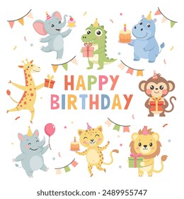 Childrens set with cute animals. Happy birthday party, baby animals in party hats, cakes, gift boxes, balloons. Illustrations for birthday cards, stickers