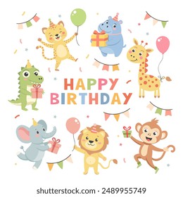 Childrens set with cute animals. Happy birthday party, baby animals in party hats, cakes, gift boxes, balloons. Illustrations for birthday cards, stickers