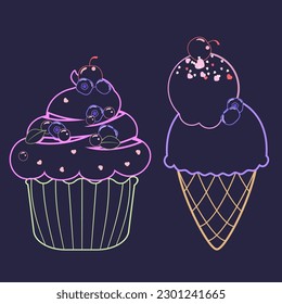 Children's set of cute bright neon linear images of different types of cold sweet ice cream berries