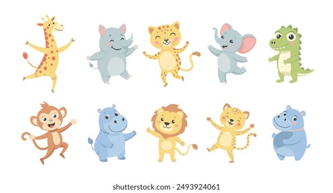 Childrens set with cute dancing animals. Collection of children's wild jungle animals. Illustration in flat style