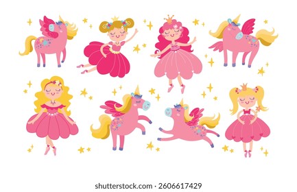 Childrens set with cute fairy and pink unicorn. Vector illustrations flat collection, isolated magic elements.
