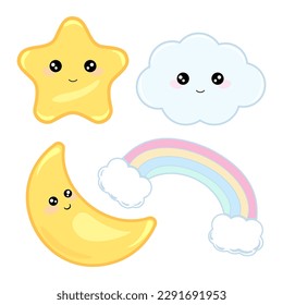 Children's set of cute kawaii natural phenomena of a cheerful cloud, rainbow, asterisks, moon in cartoon style children's elements for the design of wrappers, wallpapers, cards, fabrics