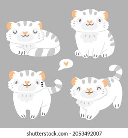 Children's set with cute little white tiger animals in a cartoon style. Cartoon kittens isolated on background. Vector illustration with chinese tiger.