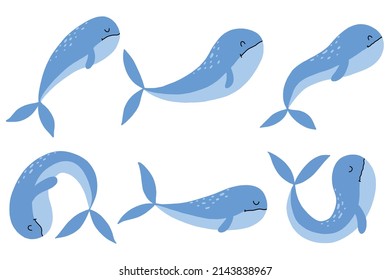 Children's set of cute whales. Drawn blue whales. Vector illustration.