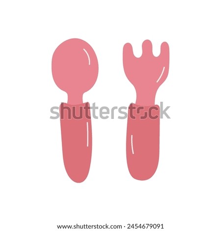 Children's set of fork and spoon pink color vector illustration