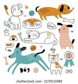 Children's set with hand-drawn dogs. Vector illustration isolated on white background in doodle style for your design