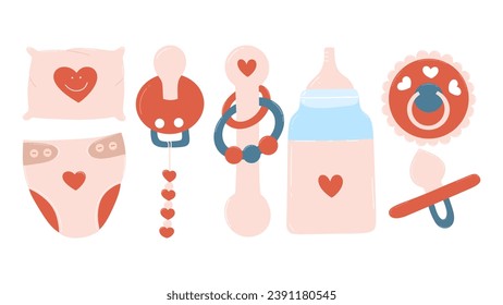 Children's set of items. Pacifier, rattle, pillow, milk bottle, diaper. Hand draw illustration