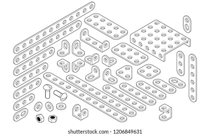 Children's set of metal building kit for modeling, nuts, bolts, tools, hobby, construction element, 3d isometric set