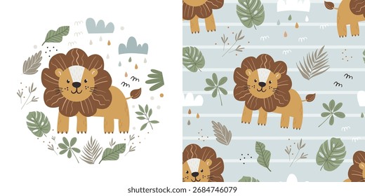 Conjunto de póster para niños y patrón sin fisuras con lindos leones. Perfecto para la ropa de cama de los niños, tela, Fondo de pantalla, papel de embalaje, textil, impresión de la camiseta.