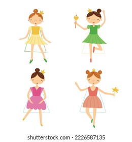 Children's set of princesses in different poses hand-drawn on a white background for decorating textiles and nursery