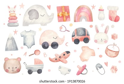 children's set of things, clothes, toys, gifts,  illustration on a white background