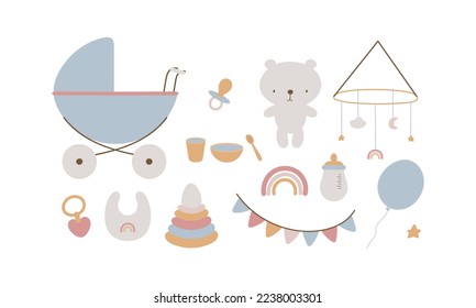 Children's set of things and toys. Vector illustration on a white background.