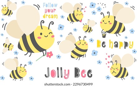 Conjunto de ilustraciones vectoriales para niños. Abejas alegres. Amantes cargando miel, avispas voladoras. Flores azules, letras vectoriales 