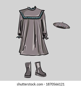 Children's set of velvet dress, beret and boots. Basic wardrobe. Clothes, shoes, bags for every day. Dresses, jeans, coat, cardigan, backpack, handbag. Vector isolated images.