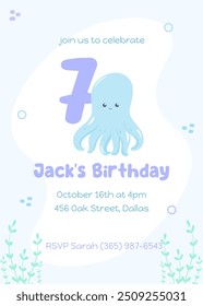 Children's seventh birthday under-the-sea party card. Fun invitation with a cheerful blue octopus in light blue and purple shades