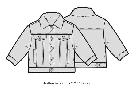 Ilustración técnica de diseño de Vector de Plantilla de maqueta de chaqueta de cordero para niños.