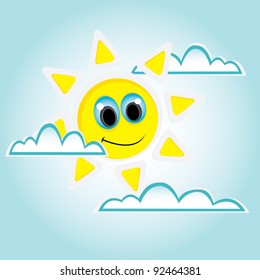 childrens shiny background with sun, sky and clouds. Vector illustration.