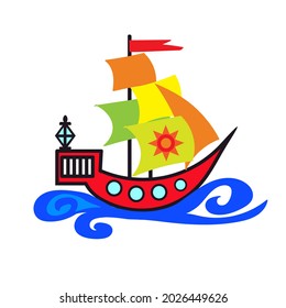Children's ship sailing on the sea. Fabulous character. Sailboat floating on the waves.