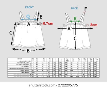 Desenho técnico do padrão de costura superior Shirred das crianças com gráfico de tamanho
