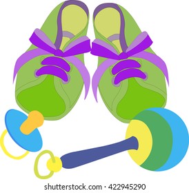 children's shoes , rattle , pacifier