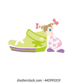 Children's shoes. Vector illustration of a child hugging Shoe