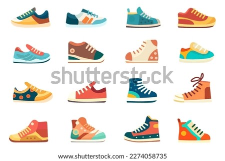 Children's shoes  vector illustration collection set. Kid sneakers set. Flat cartoon illustration