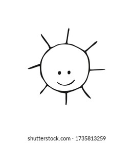 Children's simple drawing of the sun with a smile and eyes. Vector Doodle illustration. Black and white outline image. Design of a postcard, logo, poster, children's book, coloring book.