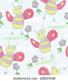 children's sketch of bees seamless pattern background