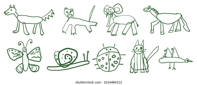 Children's sketch set of hand drawn animals. Kids doodle collection of animals.