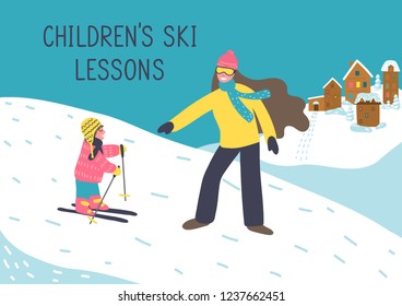 Children's ski lessons. Mother or woman instructor teaches child to ski. Vector illustration.