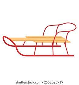 A childrens sled with a bright red frame and wooden slats, perfect for sledding down snowy slopes. Designed for outdoor fun during the winter months.