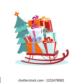 Children's sled with pile of presents and a Christmas tree on a white background. Volume multicolored gift boxes are beautifully decorated with ribbons and bows. Flat cartoon style vector illustration