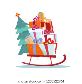 Children's sledges with a bag of gifts and a Christmas tree on a white background. Multicolored gift boxes are beautifully decorated with ribbons and bows.